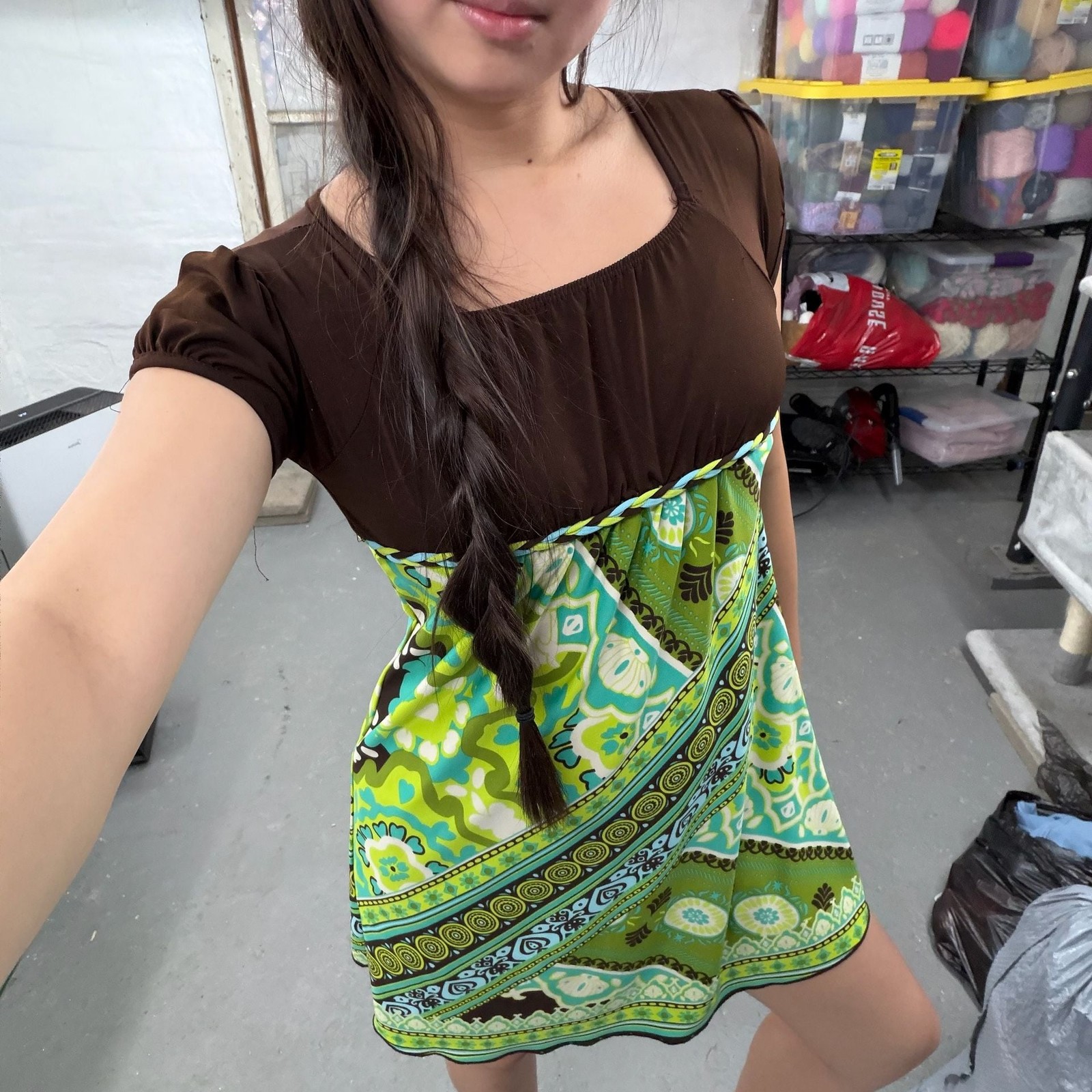 Route 66 Women’s Brown and Green Floral Print Babydoll Mini Dress