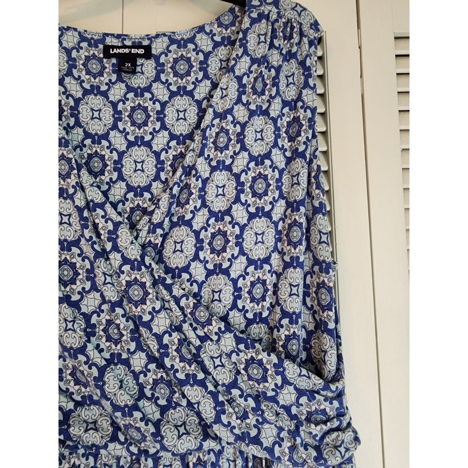 Lands End 2X 20W 22W Faux Wrap Maxi Long Dress Blue White Print Sleeveless