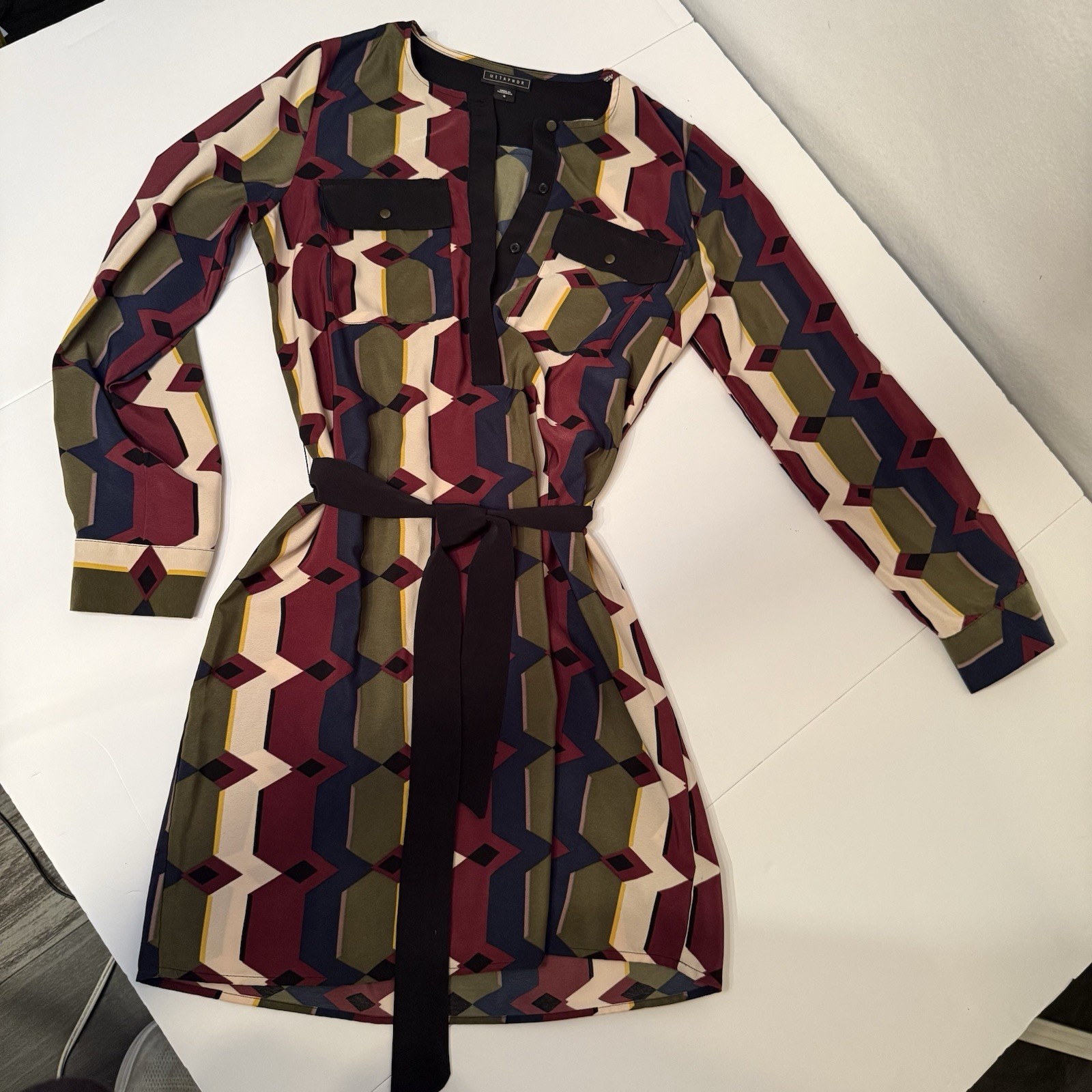 Metaphor Women’s Size 4 Geometric Print Shirt Dress Tie Waist Long Sleeve