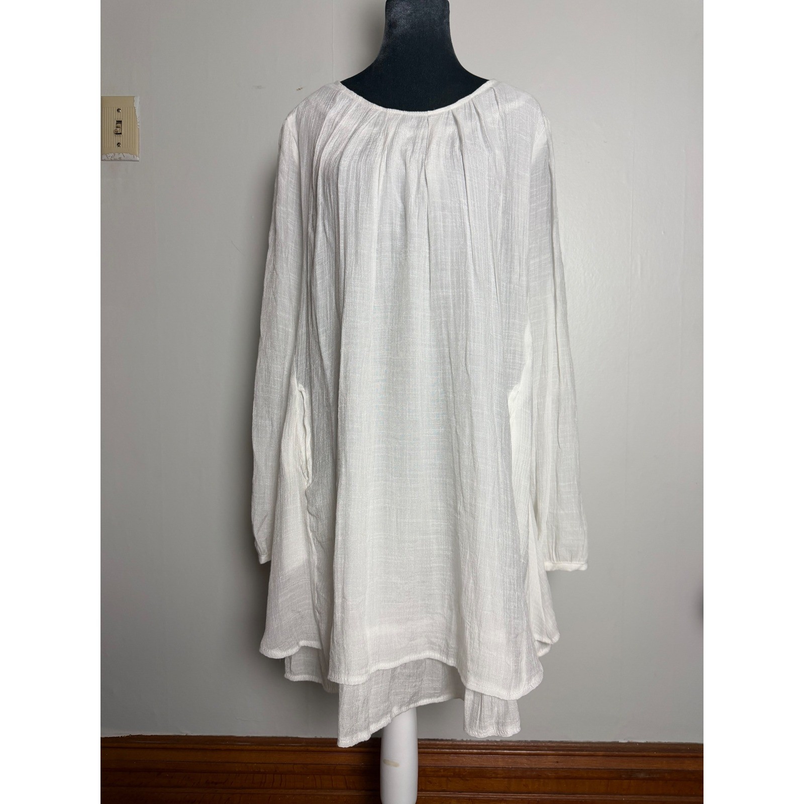 White Gauze Long Sleeve Tunic mini Dress Boho Lagenlook euro summer layered boxy