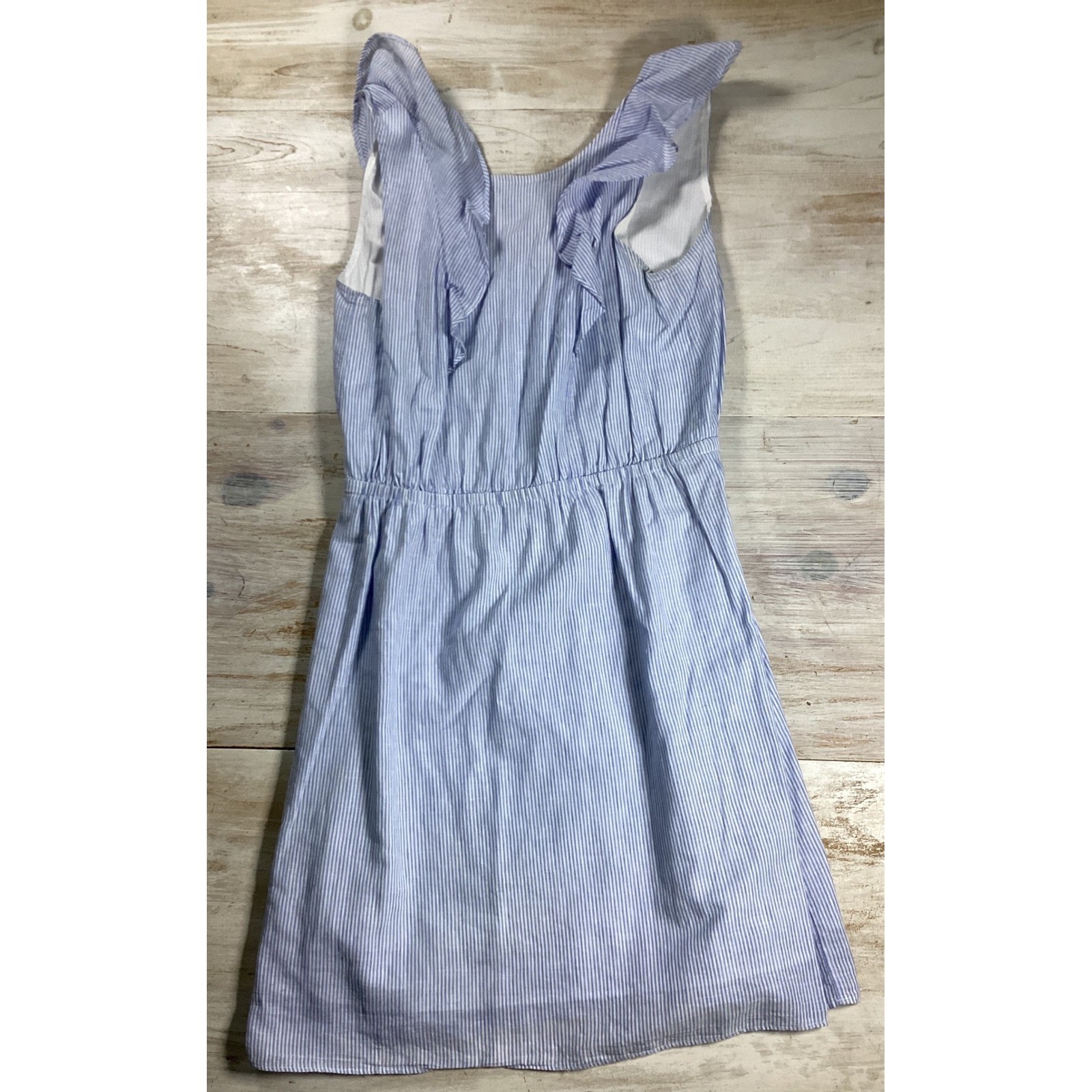 J.Crew Blue White Striped Ruffle V-Neck Linen Cotton Dress 4 G4451 4th of July