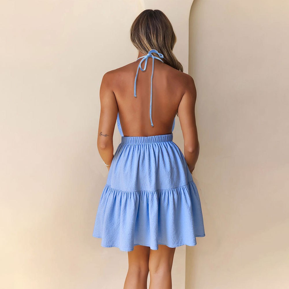 2026 Summer Pure Cotton Backless A-Line Dress with Hanging Neckline and High