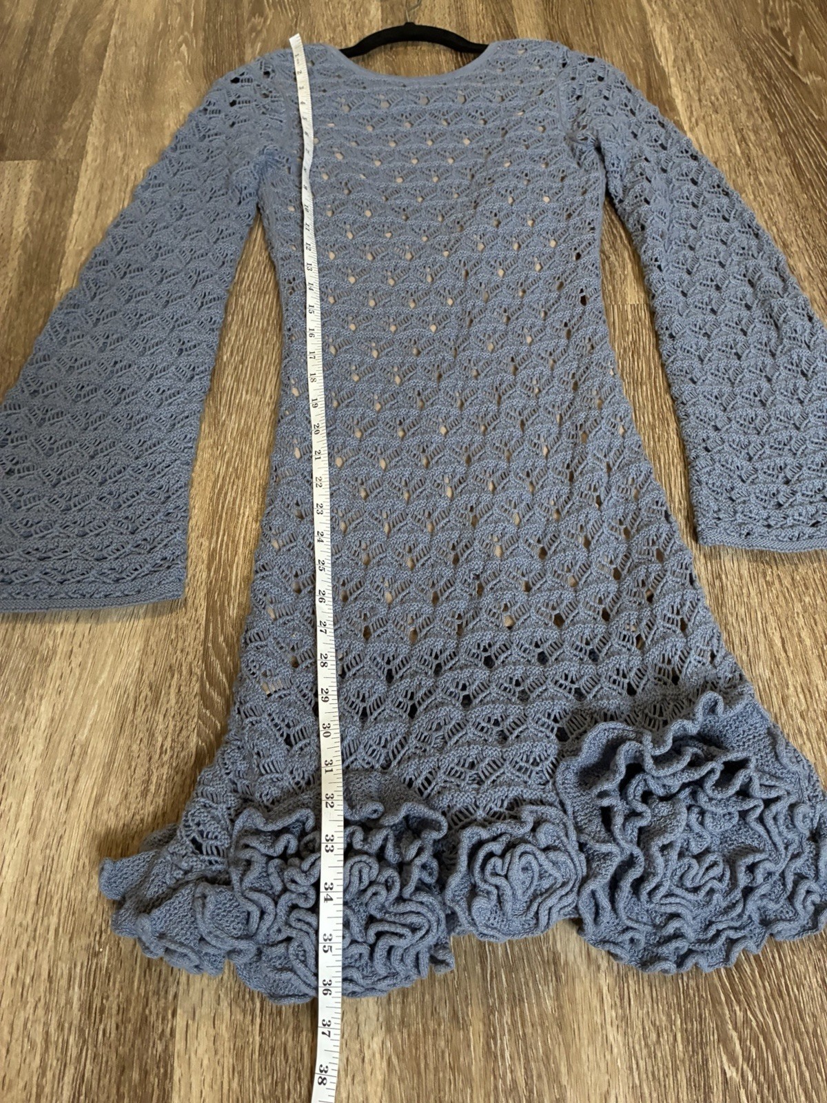 Meshki NWT Aileen Ruffle Crochet Mini Dress in Steel Blue Size XS Longsleeve