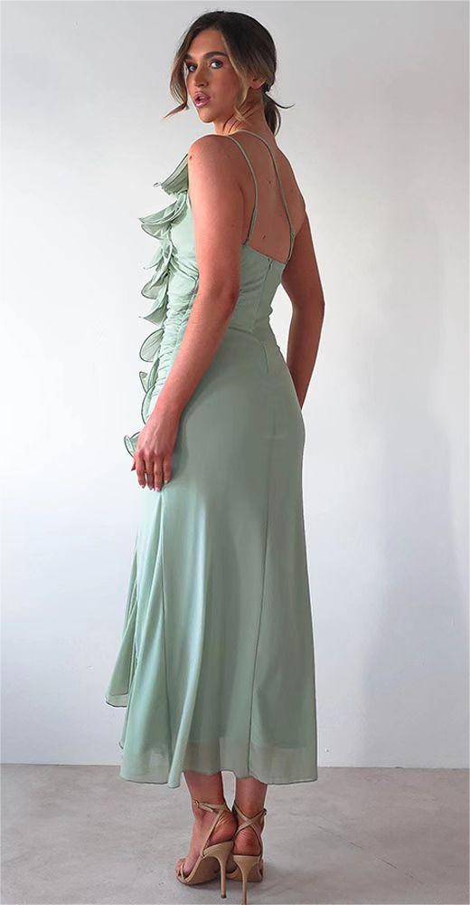 Romantic Sage Ruffled One-Shoulder Dress