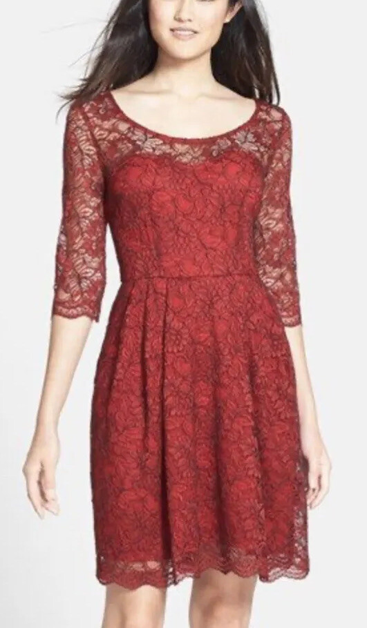 Betsey Johnson Red Lace Dress Size 10 Party Fit & Flare 3/4 Sleeve, nylon/poly