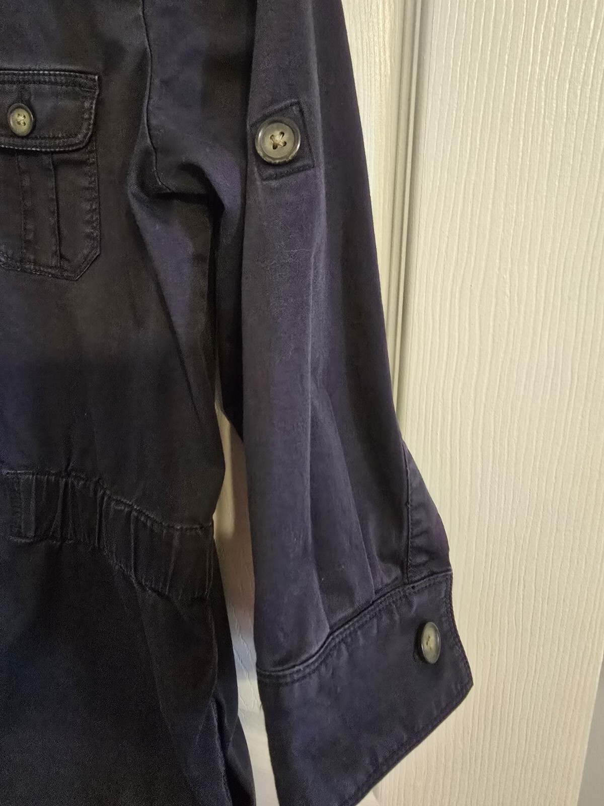 LOFT Navy Button Down Utility Dress XS Pockets & Rollable Sleeves Distressed