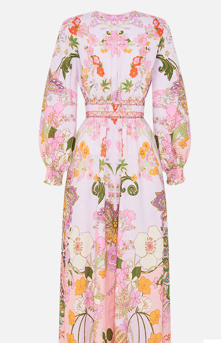 CAMILLA “Clever Clogs” Linen V-Neck Empire Waist Floral Smocked Maxi Dress, M