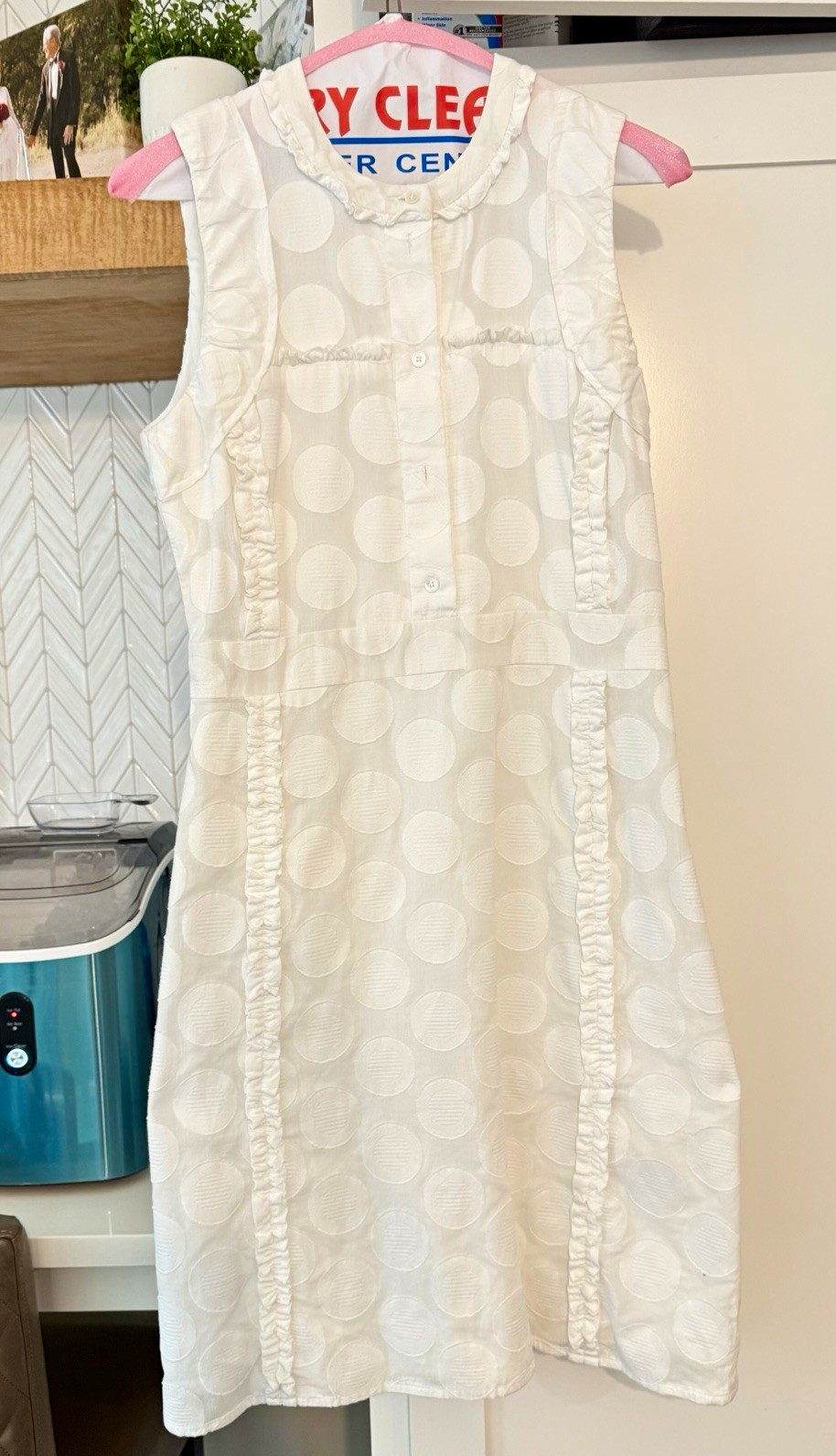 Tory Burch White Polka Dot Shift Knee-Length Ruffle Sleeveless Button Sz 8