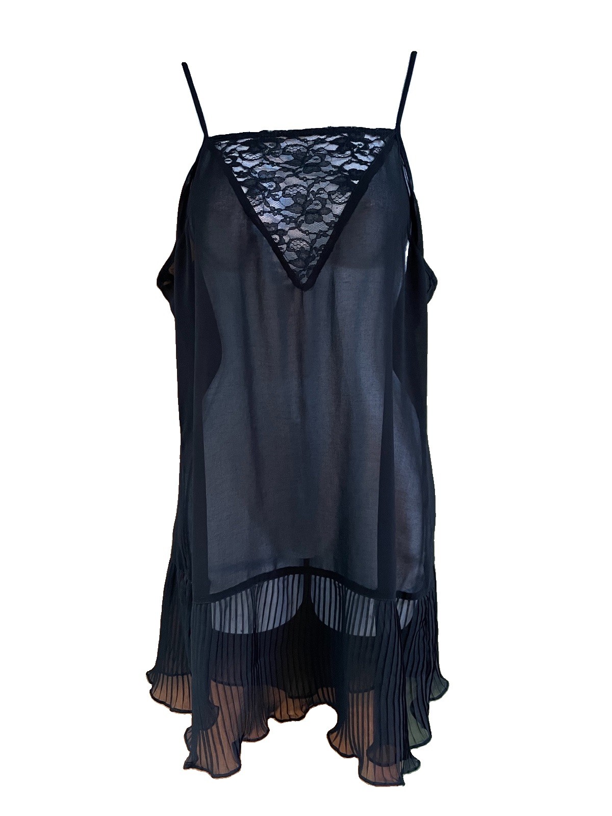 Trinity Black Mini Slip Dress Small S Lace Semi-Sheer Micro Pleats Chemise