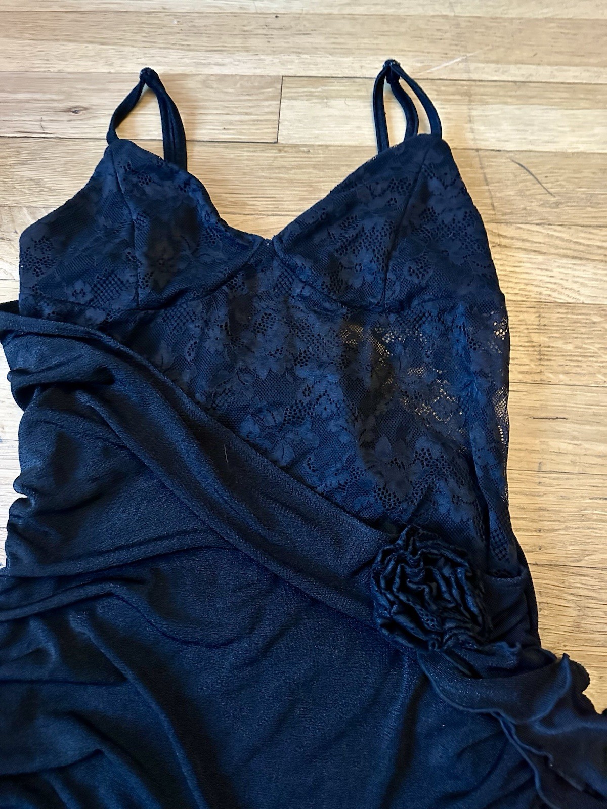 ✨SHEIN Black Lace Ruched Mini Dress Women L Bodycon Party Cocktail Dress✨