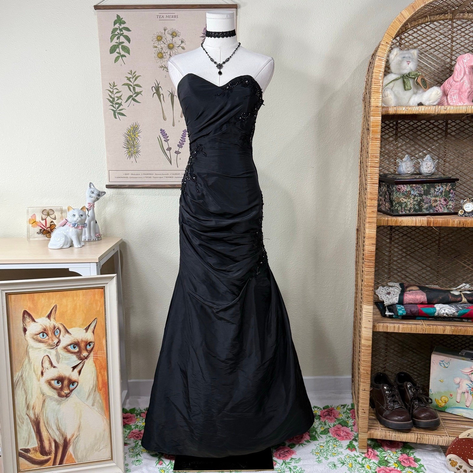 90s Y2k Beaded Floral Corset Back Ruched Formal Dress Romanitc Goth Sexy Glam XS