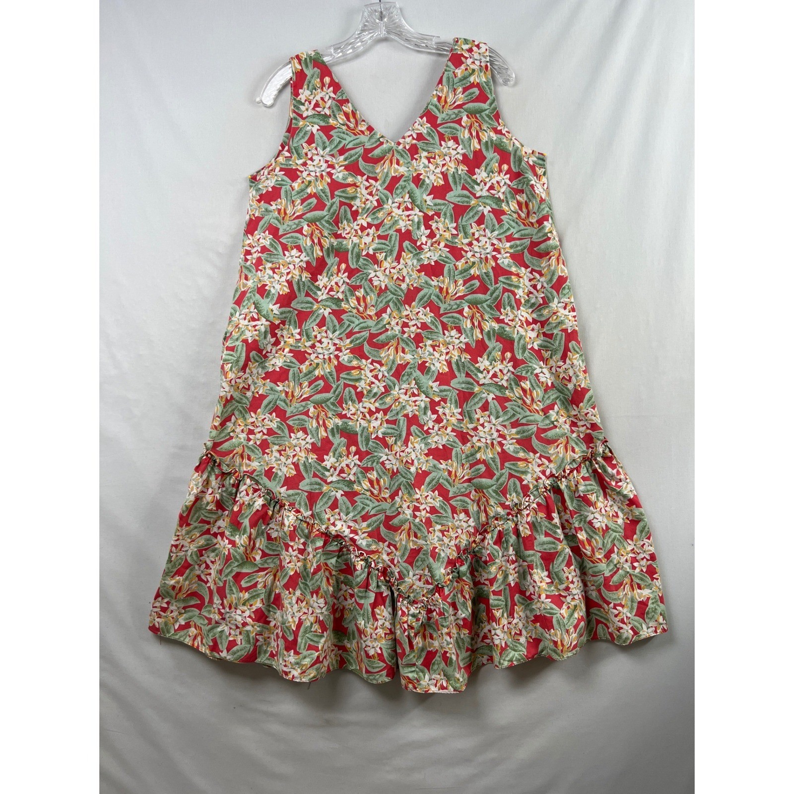 Hawaii Designs Dress Womens L Red Muumuu Floral Tropical Ruffle Hem Pockets