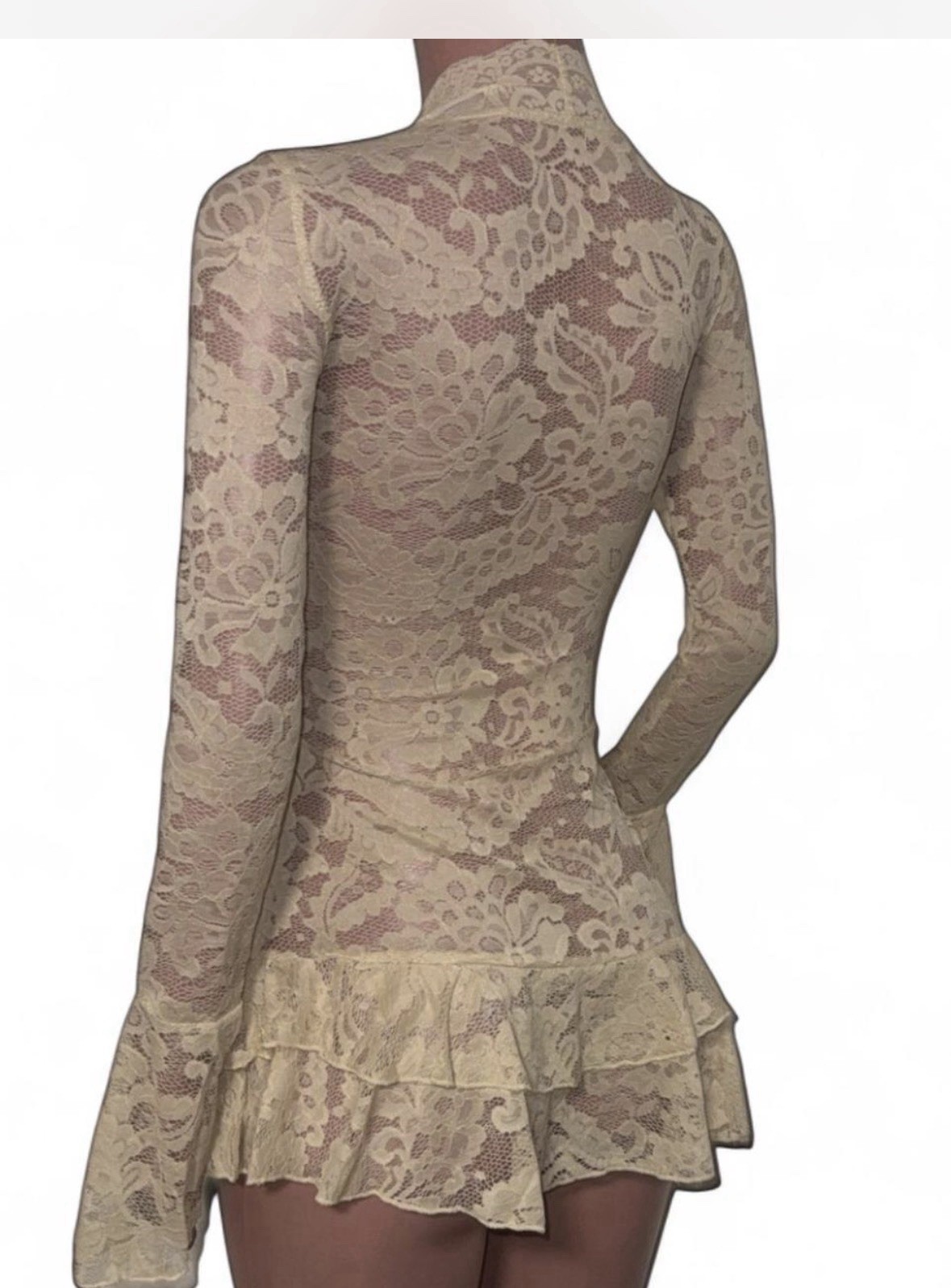 Fairy Taupe Lace Ruffled Micro Mini Dress M Festival Going Out See Thru Beachy