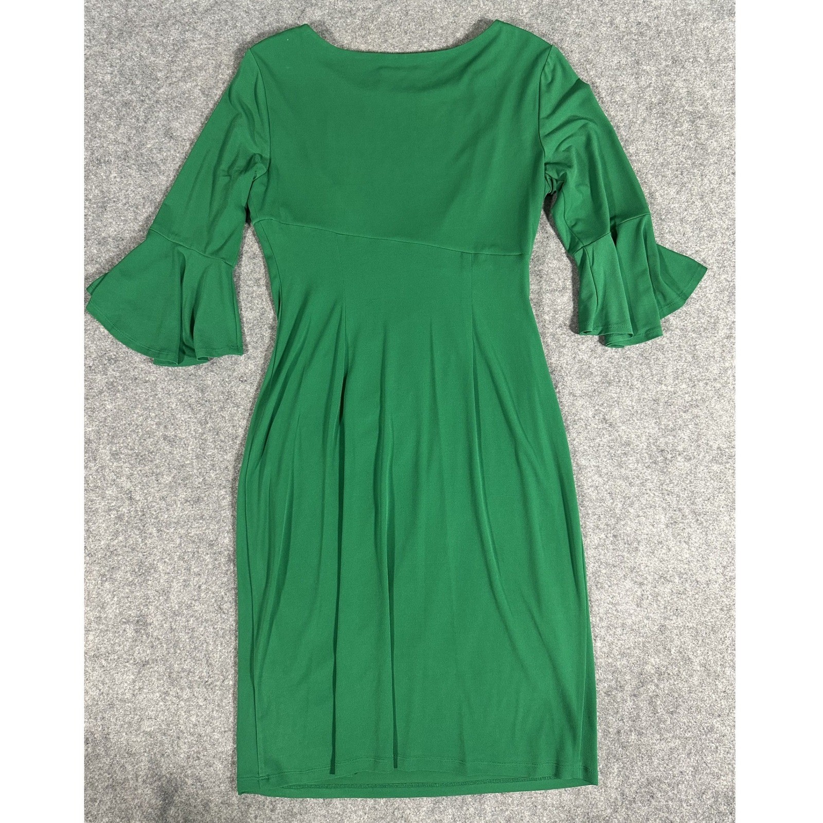 Connected Apparel Faux Wrap Sheath Dress 8 Green Bell Sleeve Gathered Sunburst