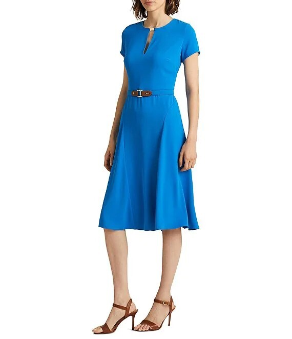 New LAUREN RL Split V-Neck Keyhole Belted Georgette Dress Size-12, $80 Off MSRP