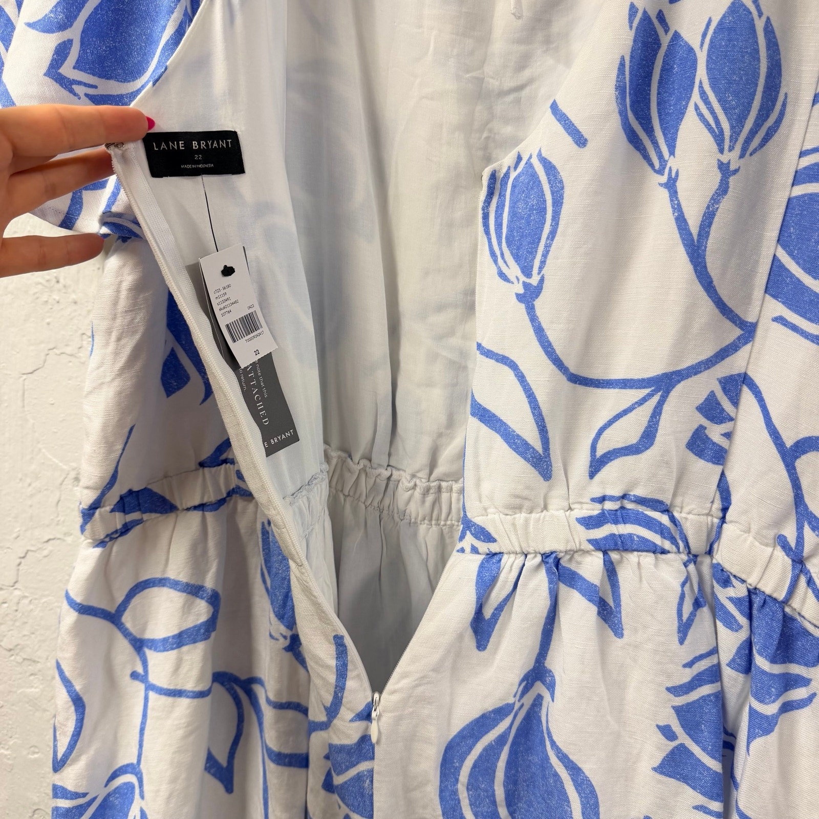 Lane Bryant Floral Dress 22 Ruffle Sleeve Tie Back Blue White Linen Blend