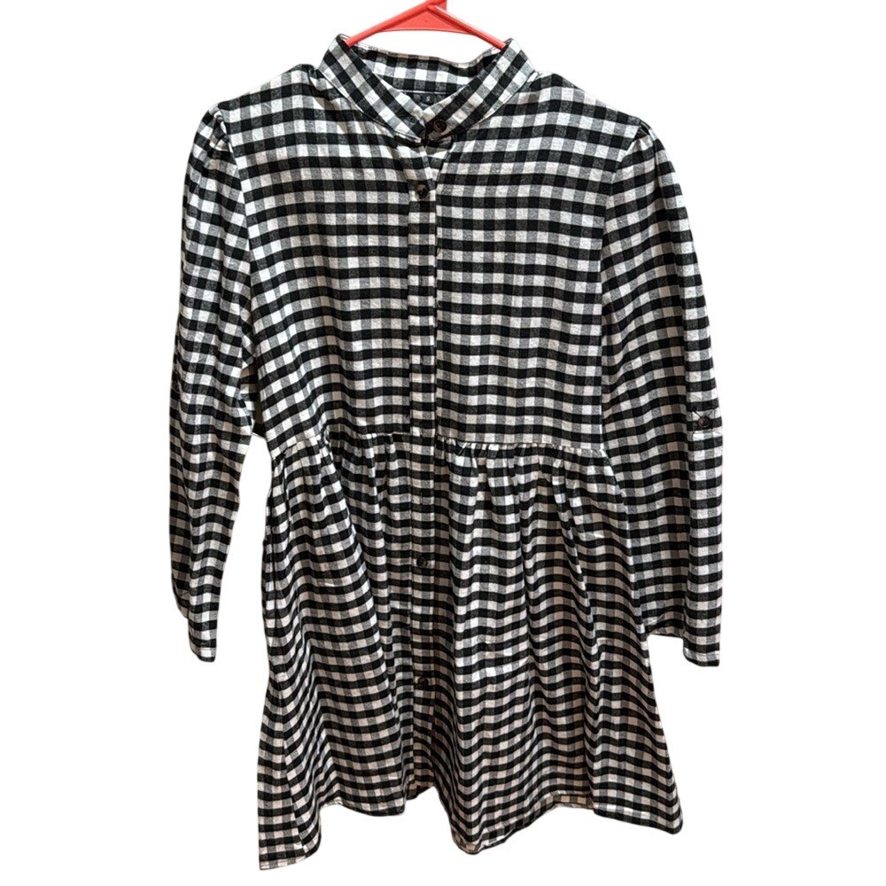 FANCYINN Womens Black White Gingham Plaid Button Down Mini Shirt Dress Small