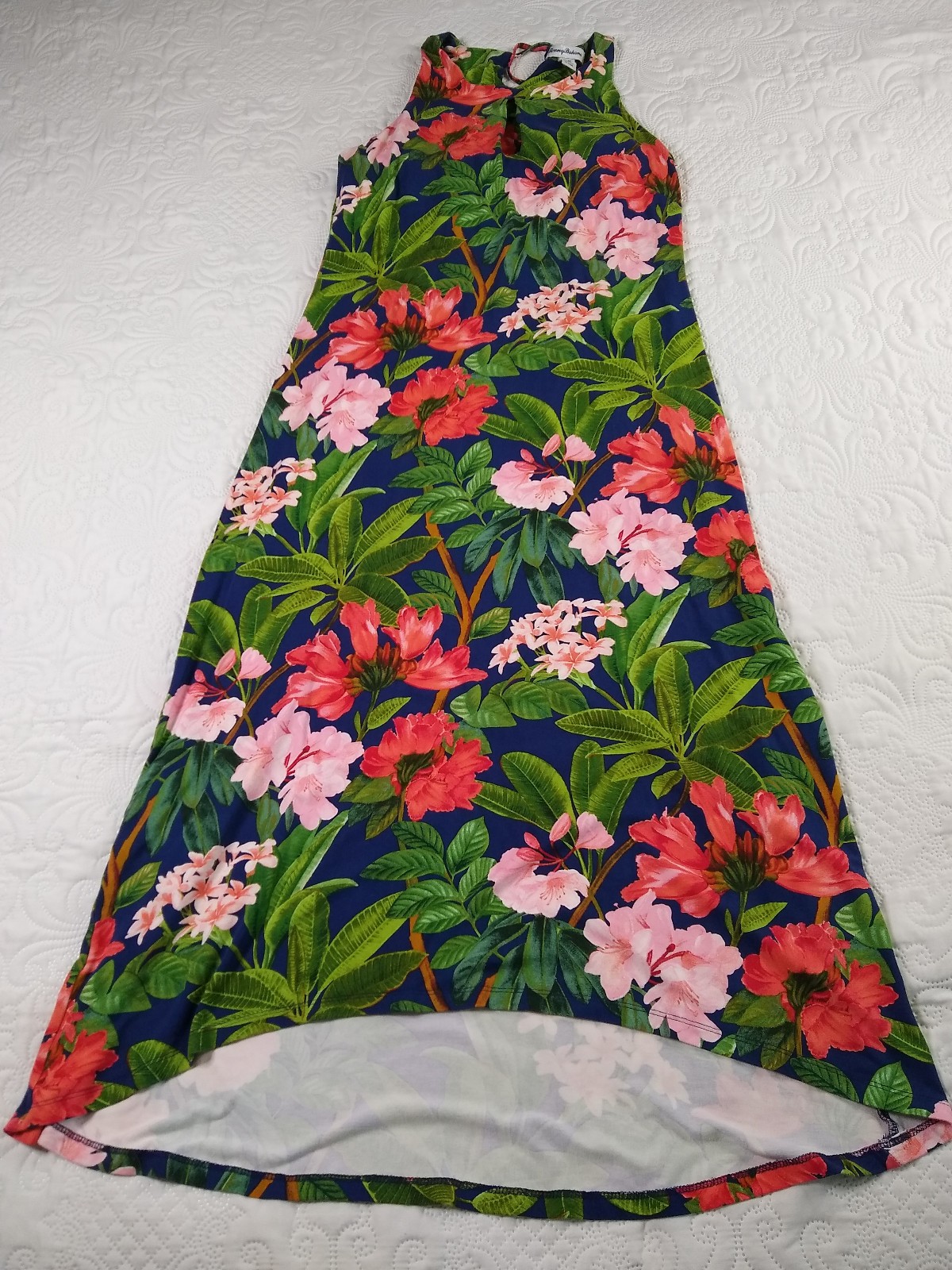 Tommy Bahama Floral Maxi Dress M Tassles Built-in Bra Tropical Blooms Hi-Lo EUC