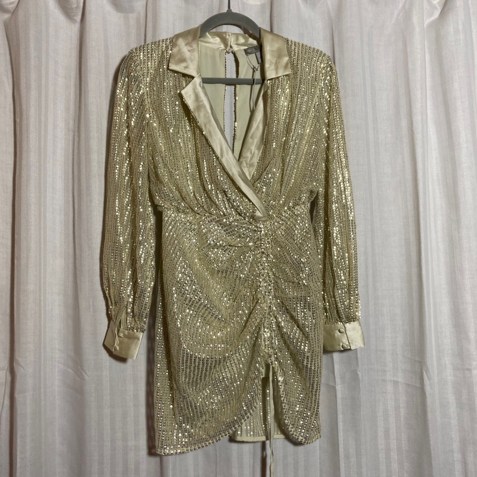 ASOS Sequin Mini Dress Champagne Gold Ruched Faux Wrap Open Back 0 Cocktail