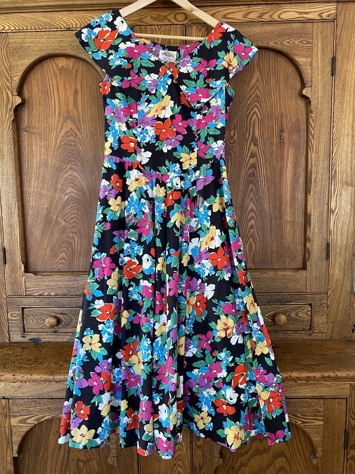 Lanz vintage floral cotton midi dress size 13? S M 6 8 black pink green red