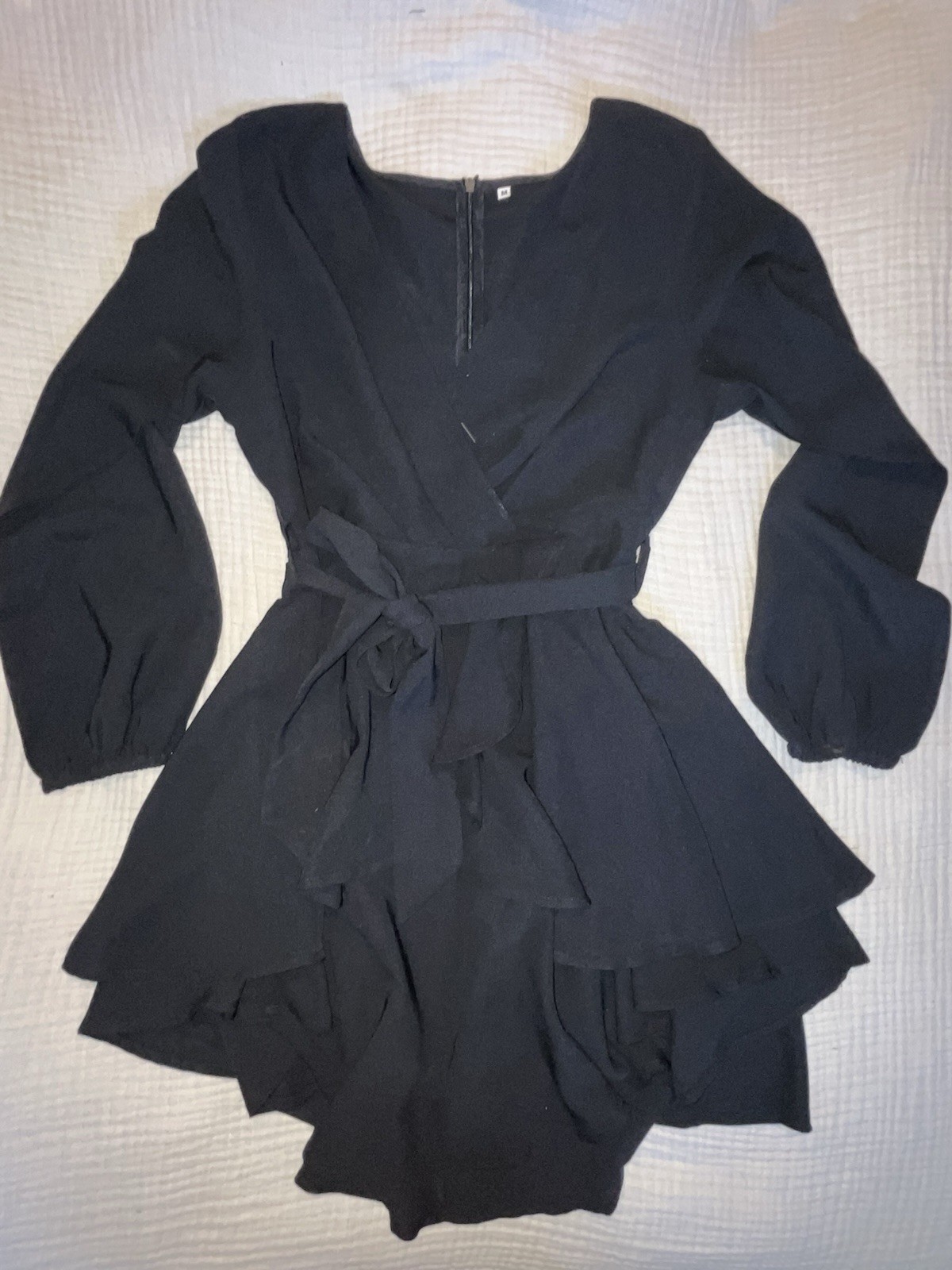 Women’s Black Solid Long Sleeve Ruffle Dress Zip Closure Size M