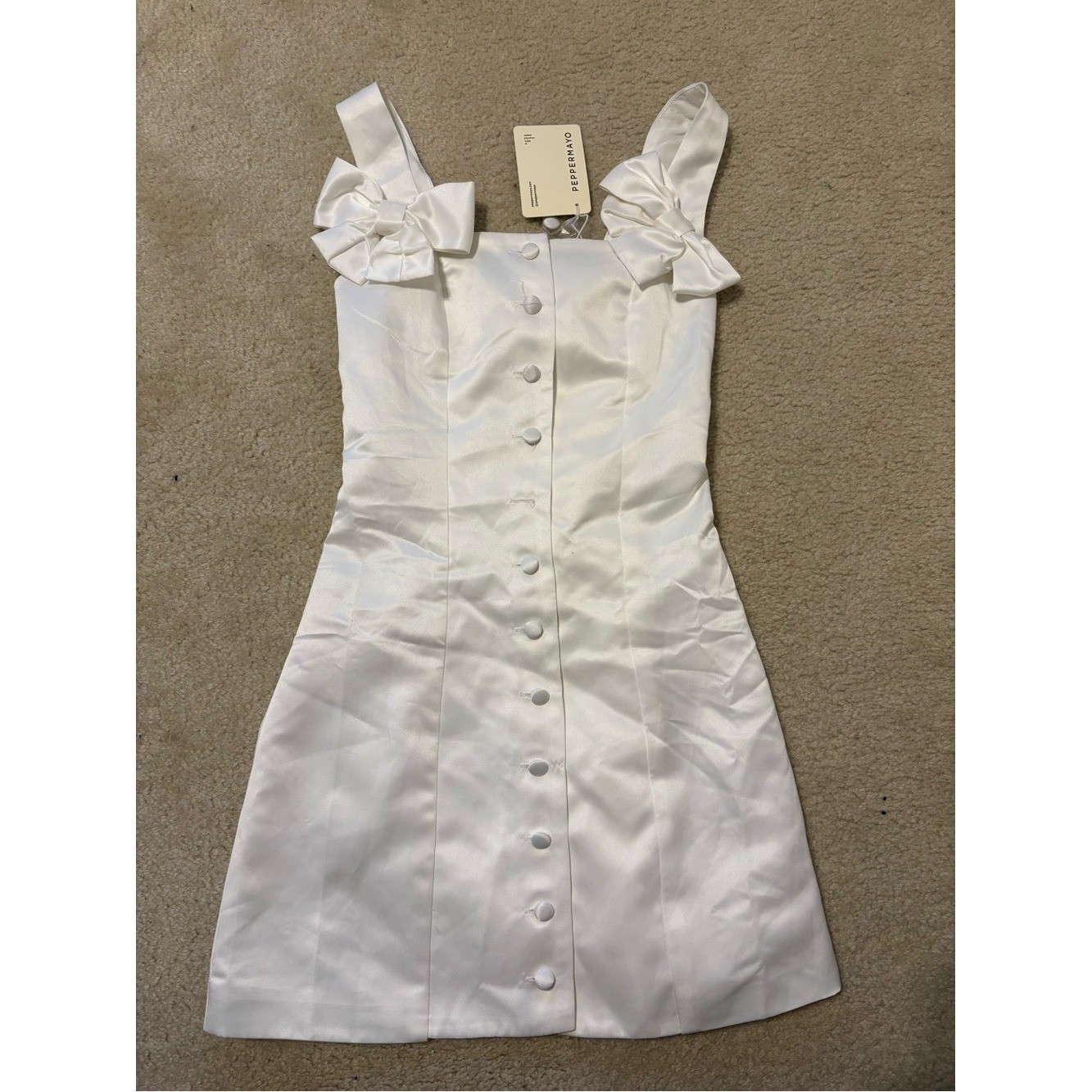 Peppermayo White Bow-Shoulder Button Mini Dress