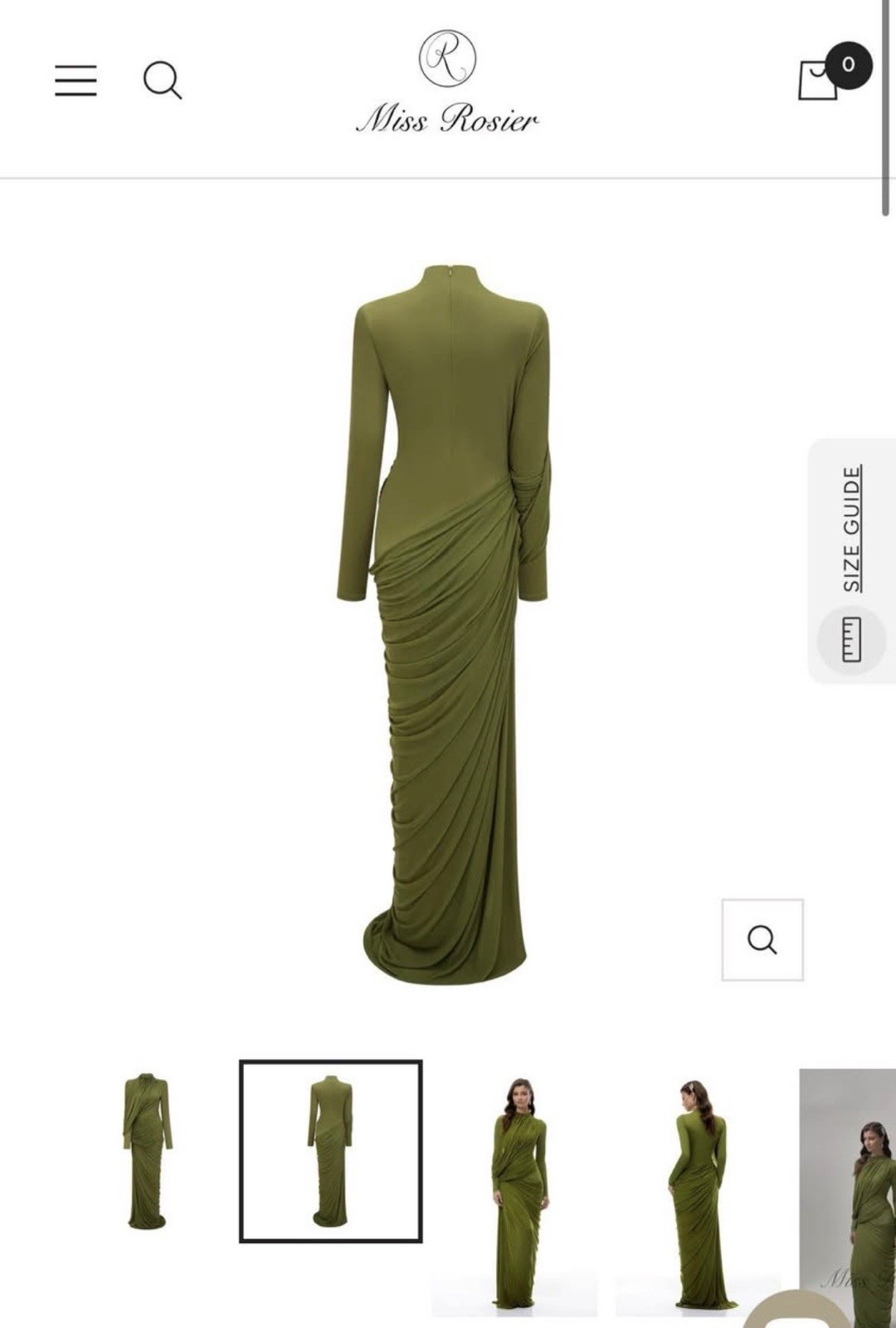 Miss Rosier Arlette Green Ruched Asymmetric Maxi Dress High Neck Long Sleeve XL