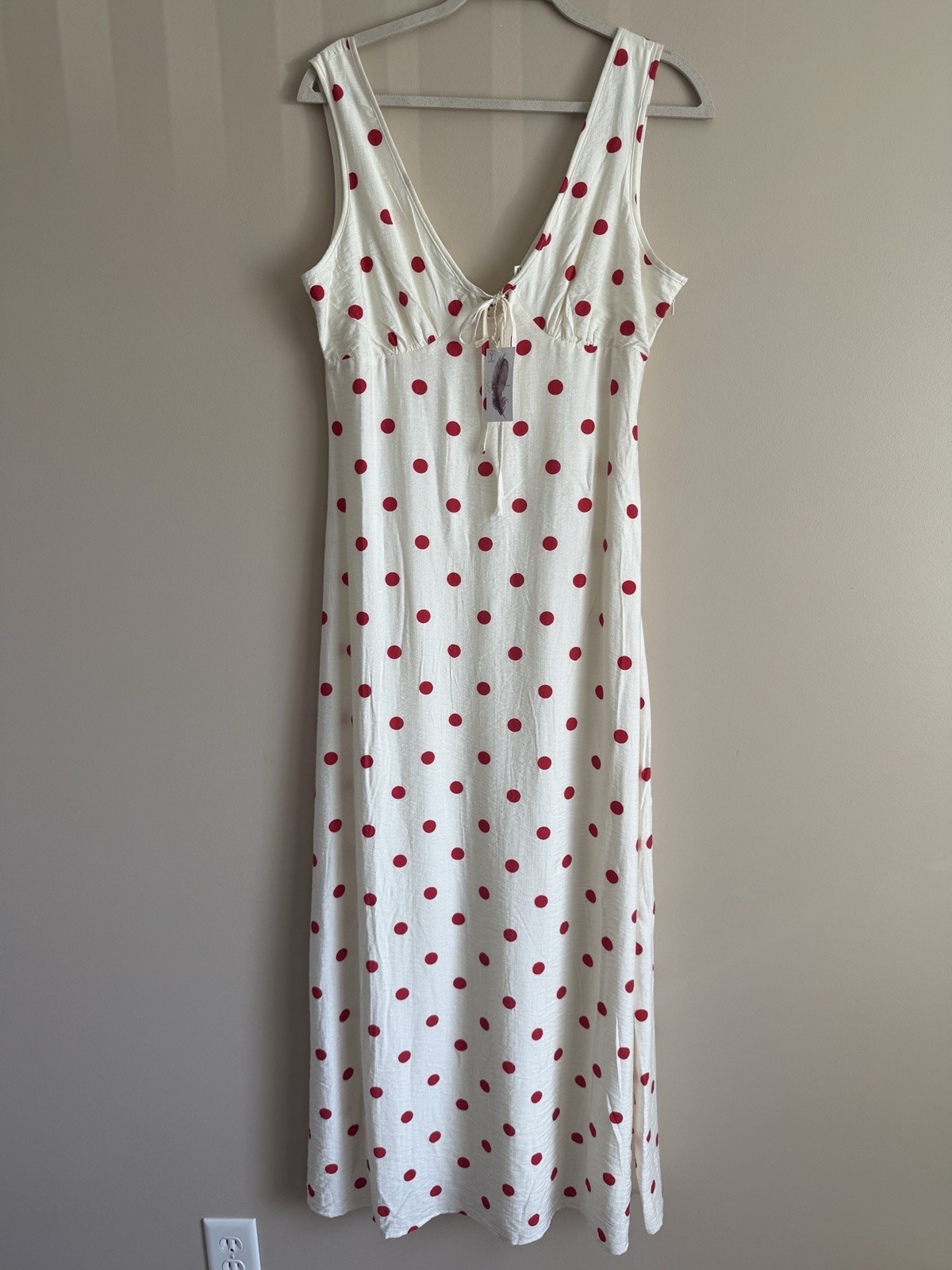 Jessica Simpson Womens L Ivory /Red Polka Dot Sleeveless V-Neck Long Dress Tie