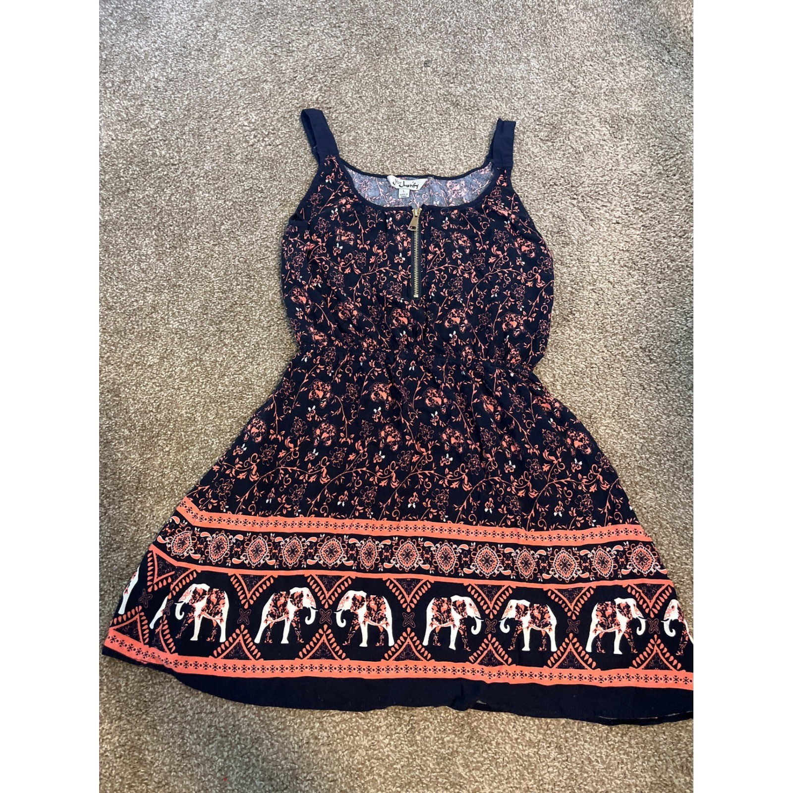 J for Justify Women’s Dress Size L Navy Orange Elephant Floral Print Zipper