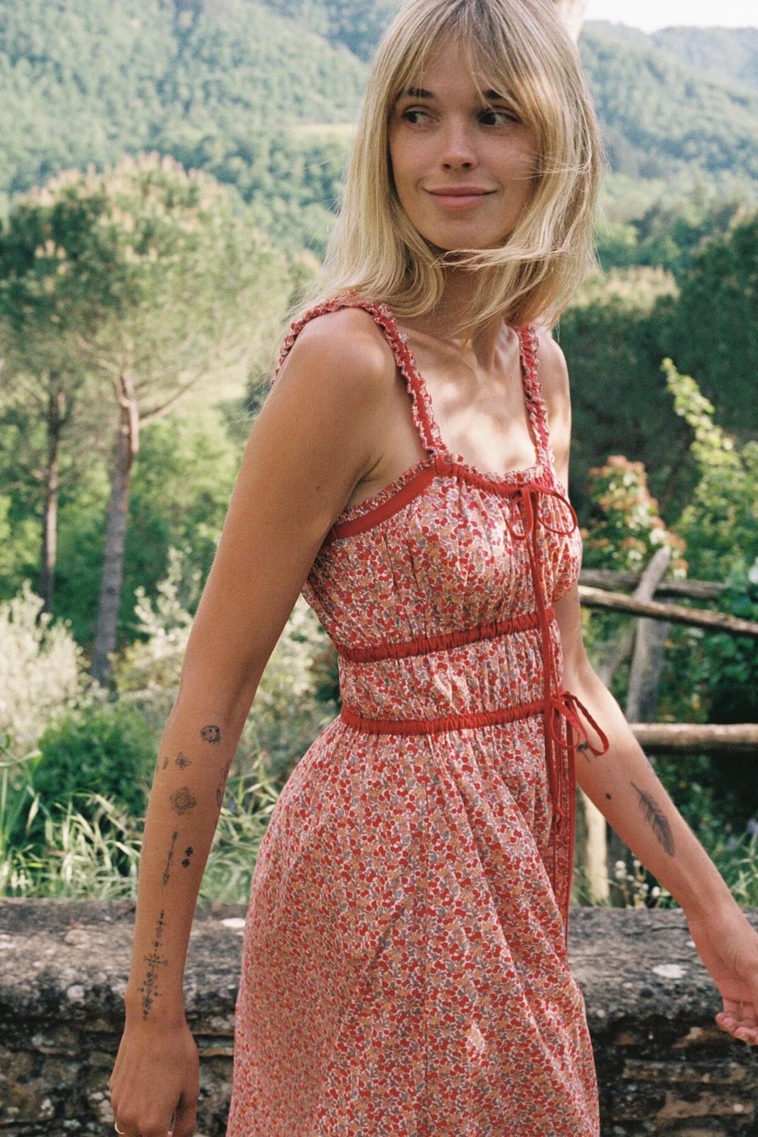 Christy Dawn Floral Tie Strap Midi Dress Smocked Waist French Vintage Long Dress