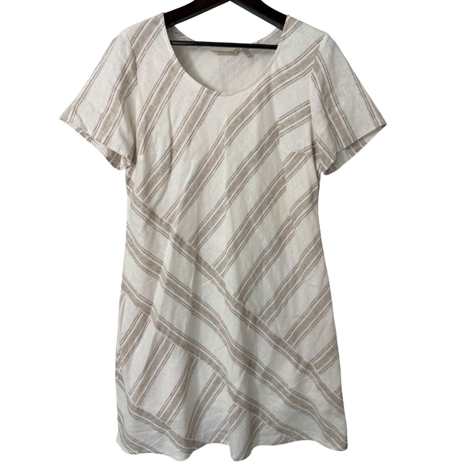 Soft Surroundings Linen Blend Striped Shift Dress White Tan 2EY09 Womens Large