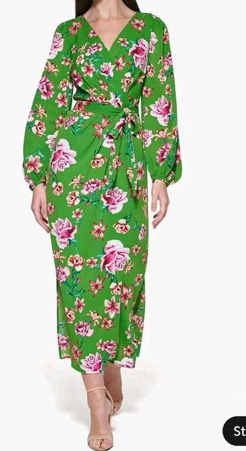 KENSIE Women’s Size 14 Maxi Dress Balloon Sleeves Waist Tie V-Neck Green Floral