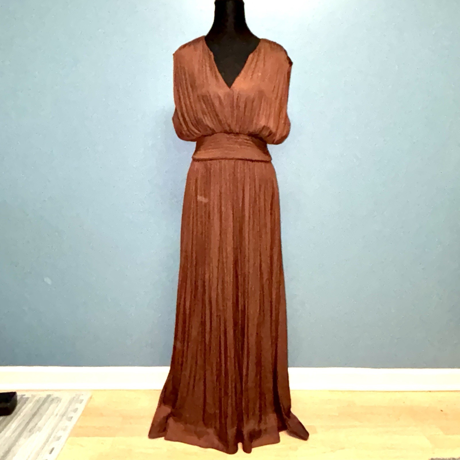 Nordstrom S Brown pleated Vneck maxi dress smocked waist Elegant Feminine Flowy