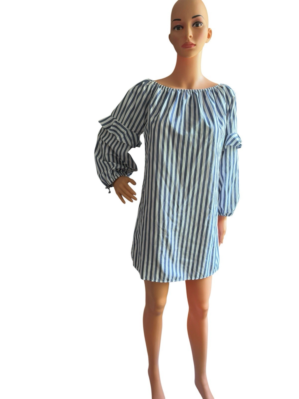 Style Envy Blue White Striped Off Shoulders Shift Dress Ruffle Sleeve Women’s L