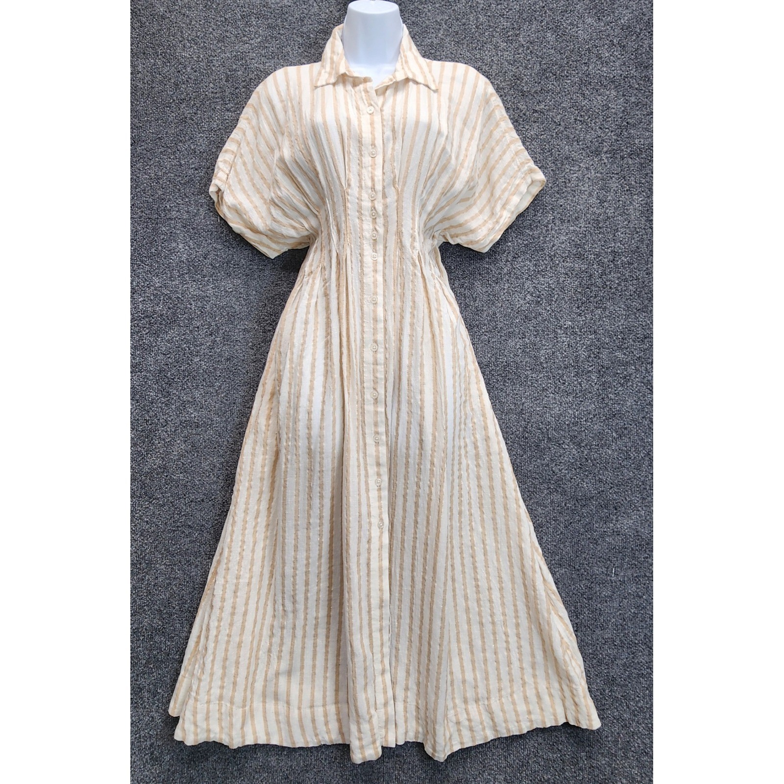 Chico’s Linen Blend Metallic Stripe Dolman Button Front Maxi Shirt Dress US M