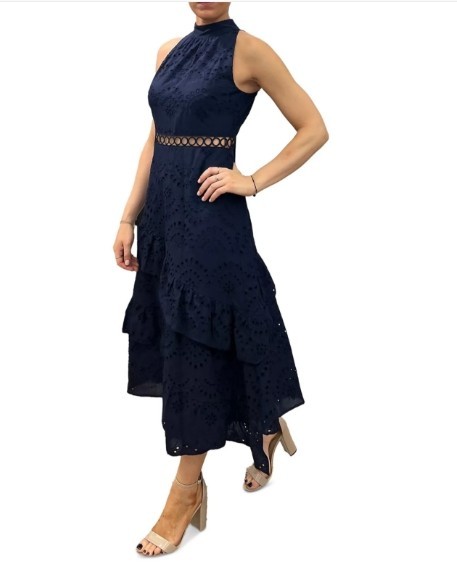 Sam Edelman Blue Eyelet High Neck Sleeveless Tiered Dress Womens 12 In Navy $158