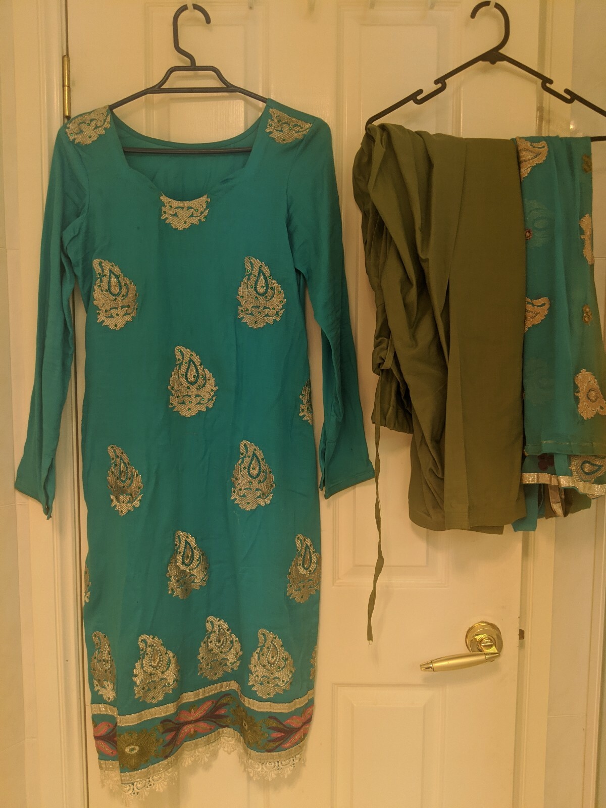 Aqua Shalwaar Kameez Silver Embroidery Pakistani Suit Green Pants Dupatta Size 8