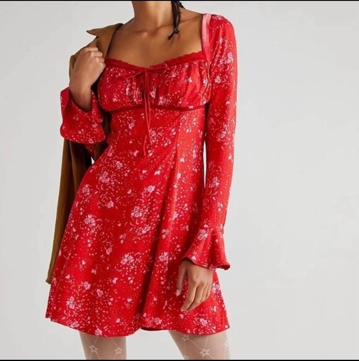 Free People Size XL Tess Mini Dress Red Floral Ruched Long Bell Sleeves