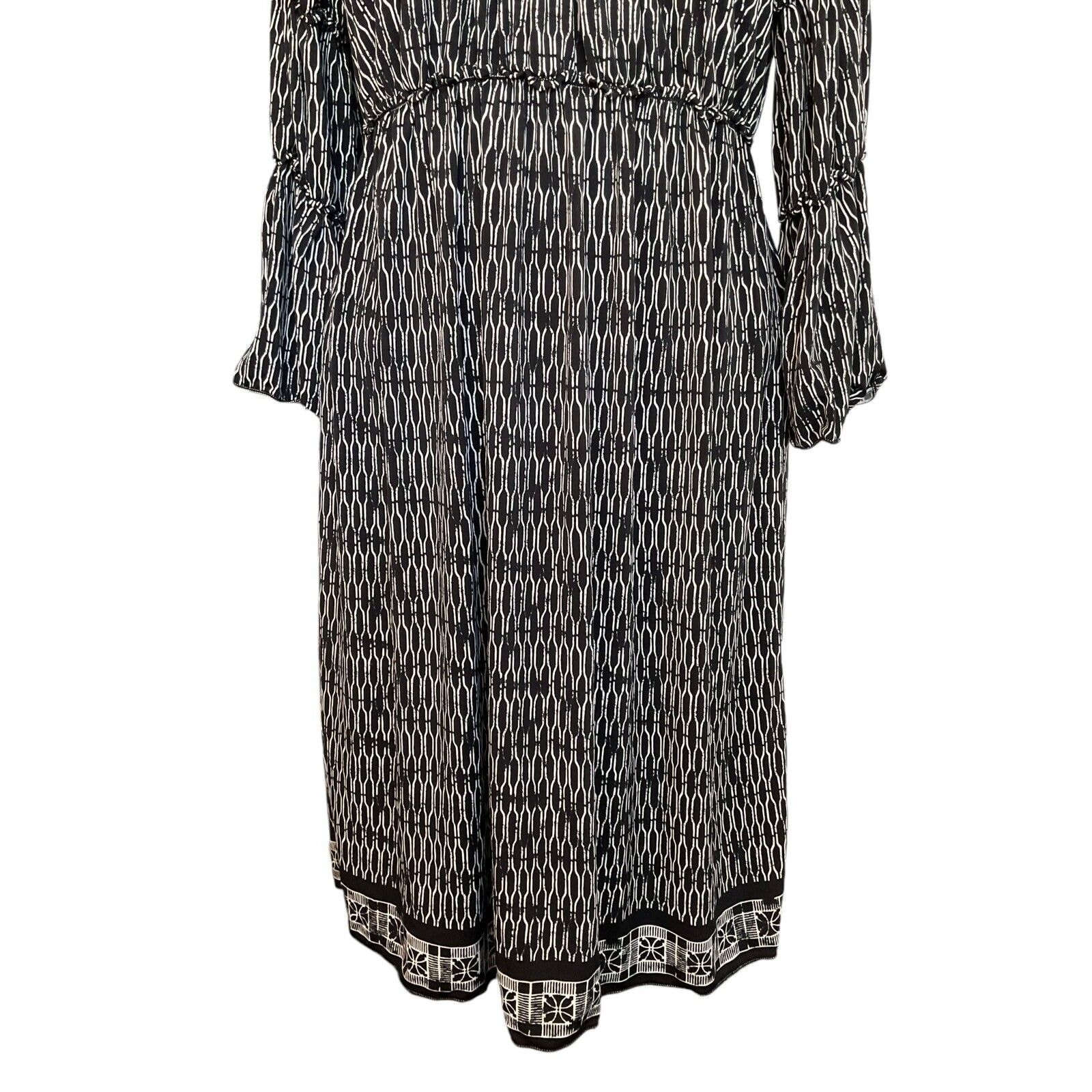 Max Edition Womens XL Black White Geometric Bell Sleeve Smocked Waist Midi Dress
