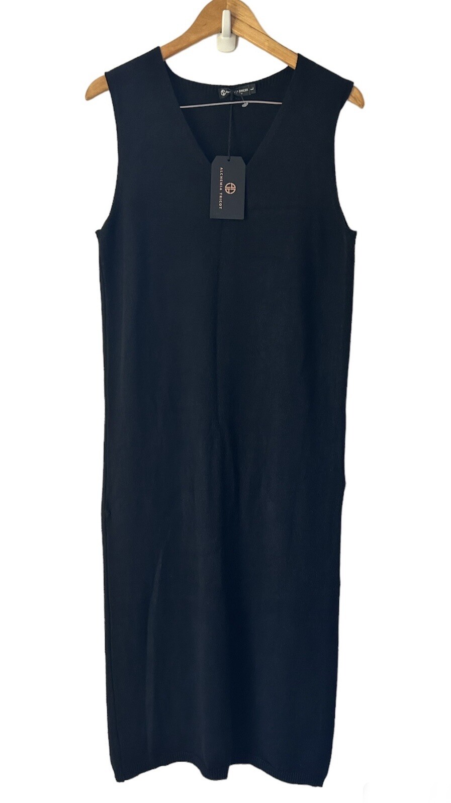 ALCHEMIA TRICOT Black Italian Sleeveless V-Neck Maxi Sweater Dress S/M/L