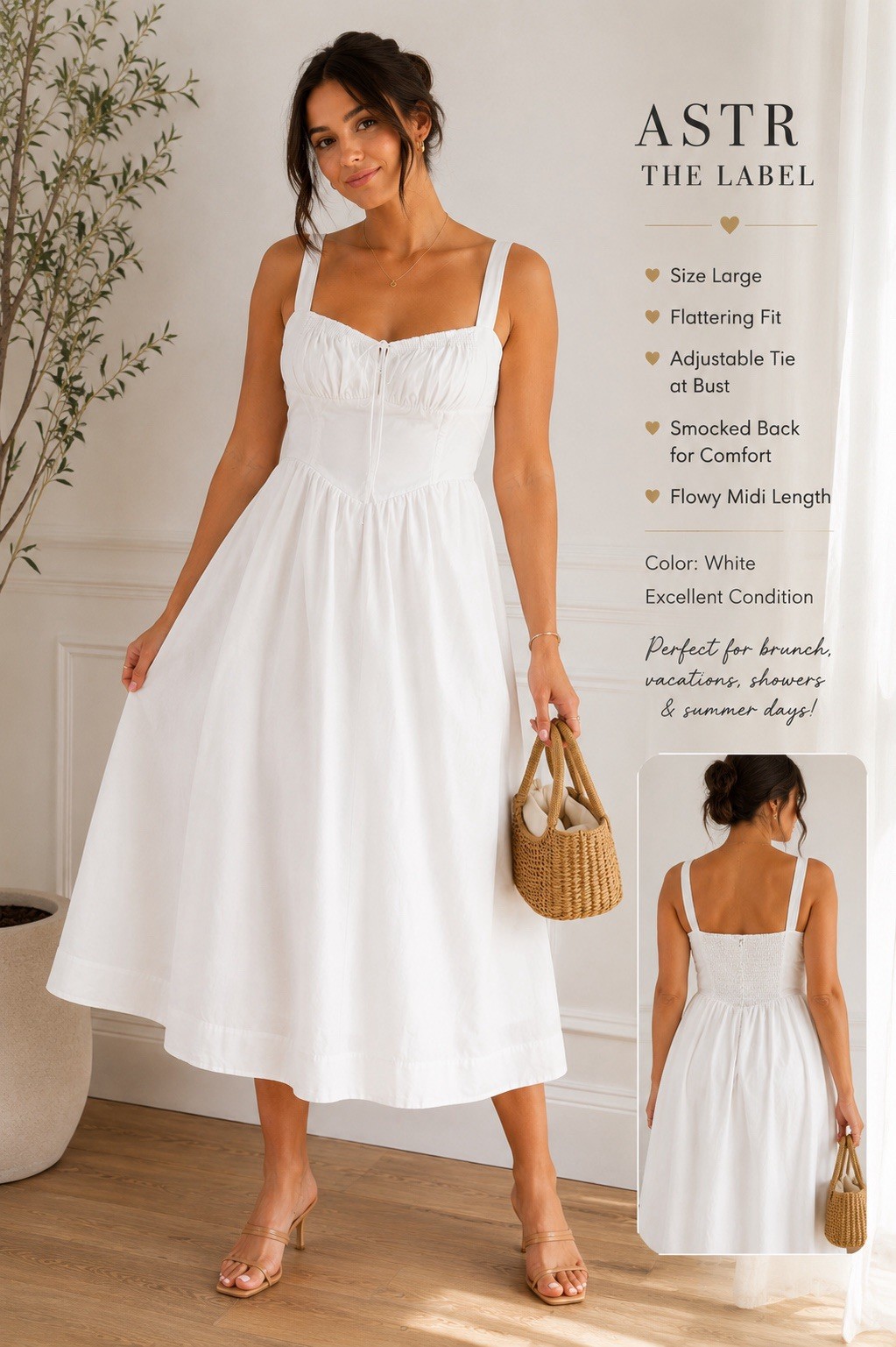 ASTR The Label White Smocked Square Neck Sleeveless Midi A-Line Dress Size L