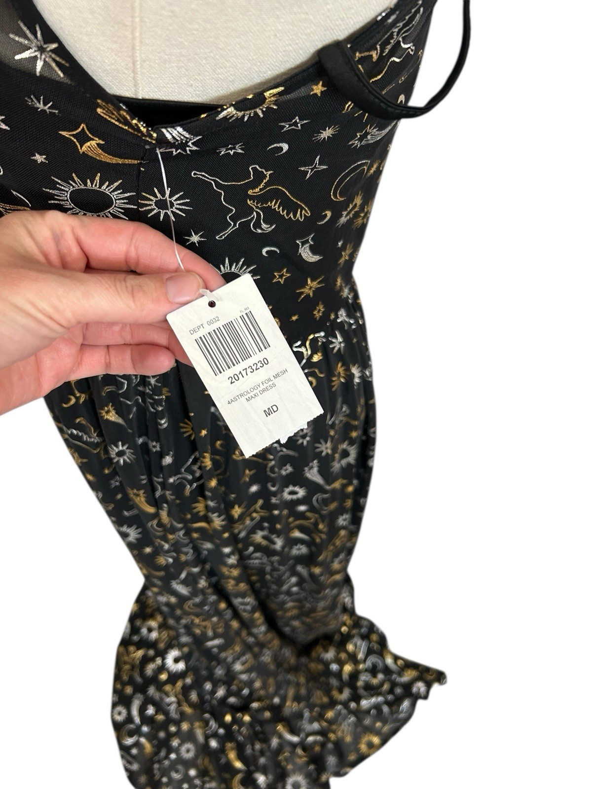 Cosmic Aura Astrology Celestial Stars Moon Foil Mesh Maxi Dress Sz M Black Gold