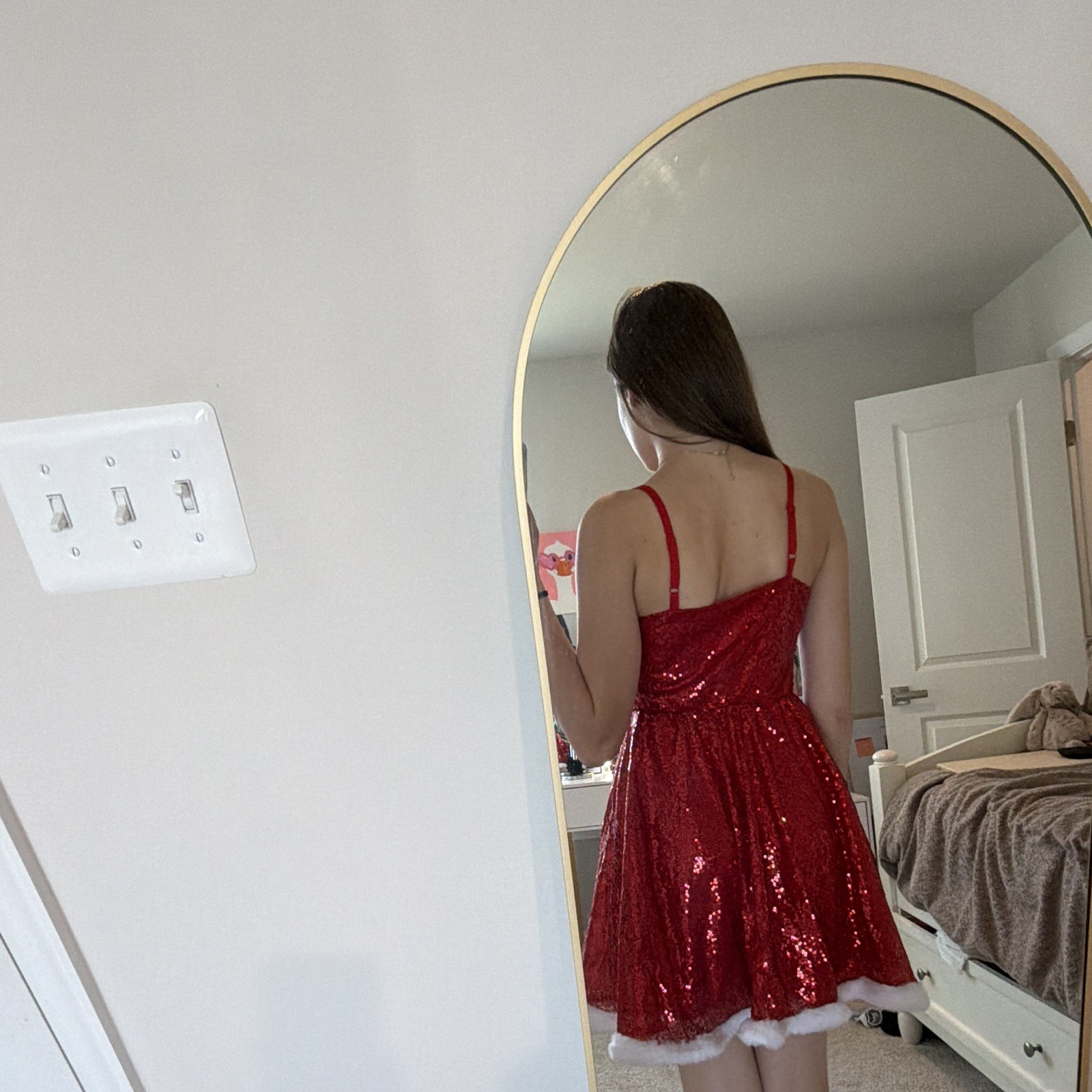 Red Sequin Santa Faux Fur Trim Mini Dress Sweetheart Zip Lined Women’s S