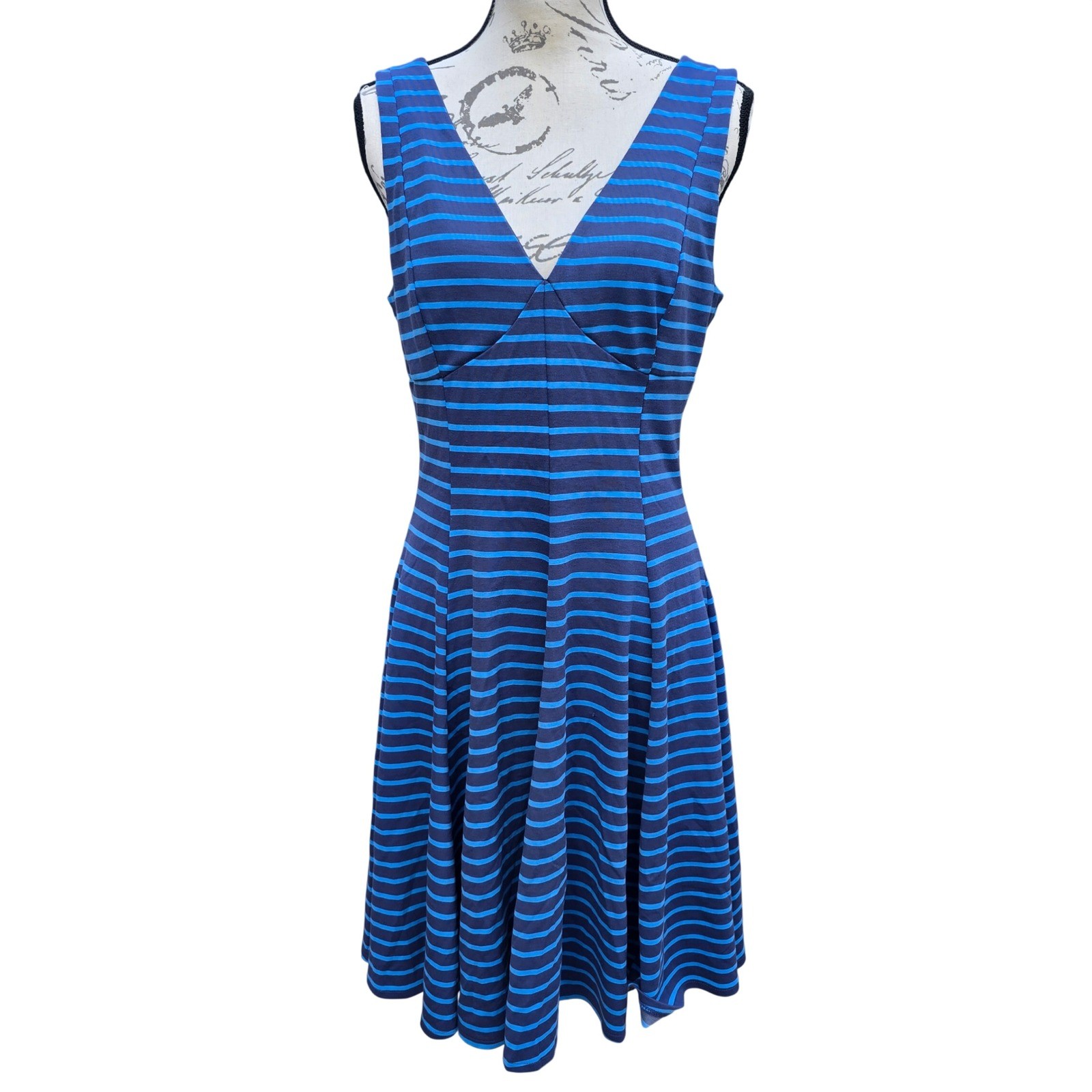 Peter Som for DesigNation Womens Blue Striped Fit & Flare V-Neck Dress Size 10
