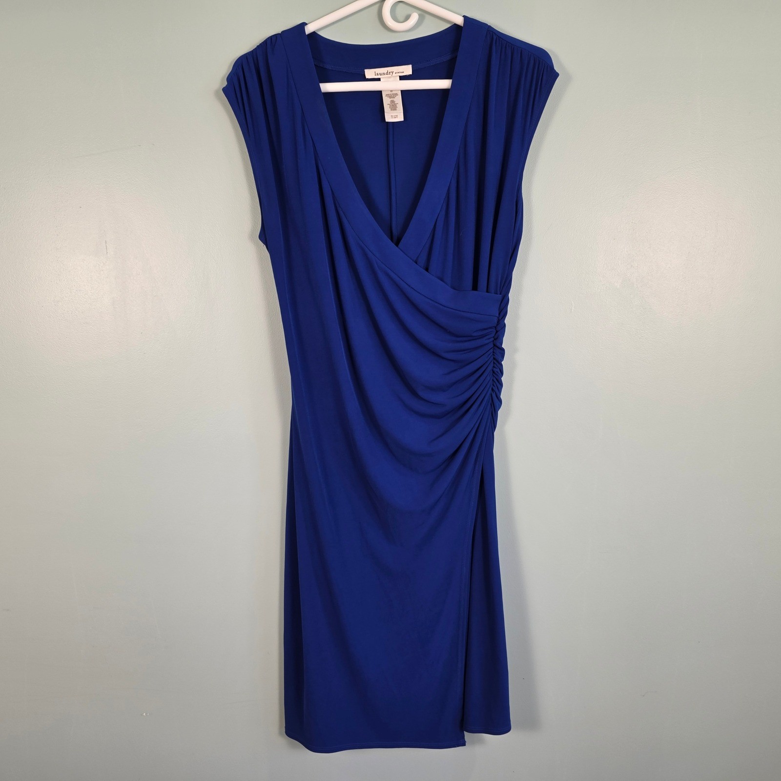 Laundry by Design Royal Blue Faux Wrap Ruched Sheath Dress Size 10 Sleeveless
