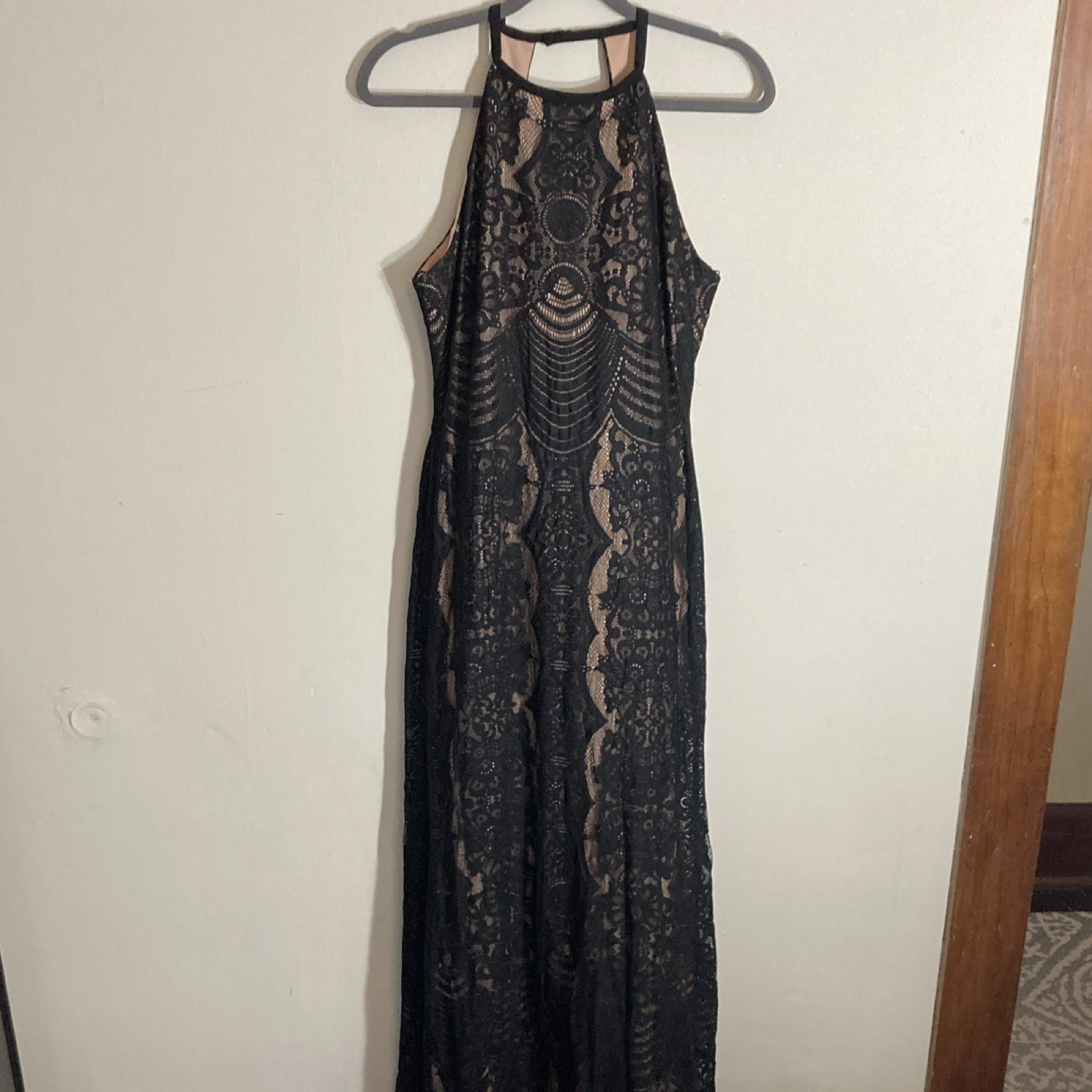 Morgan & Co Womens Black Floral Lace Halter Lined Maxi Dress Size 14