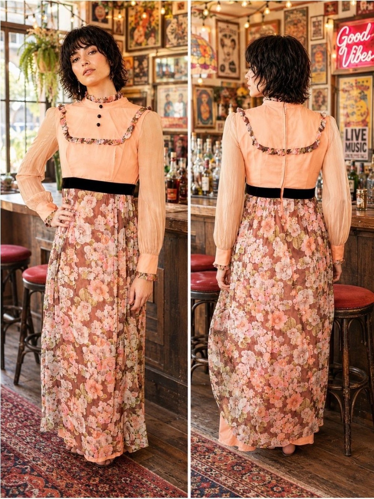 Vintage 70s Hippie Prairie Floral Cottage Long Sleeve High Neck Dress XS/S
