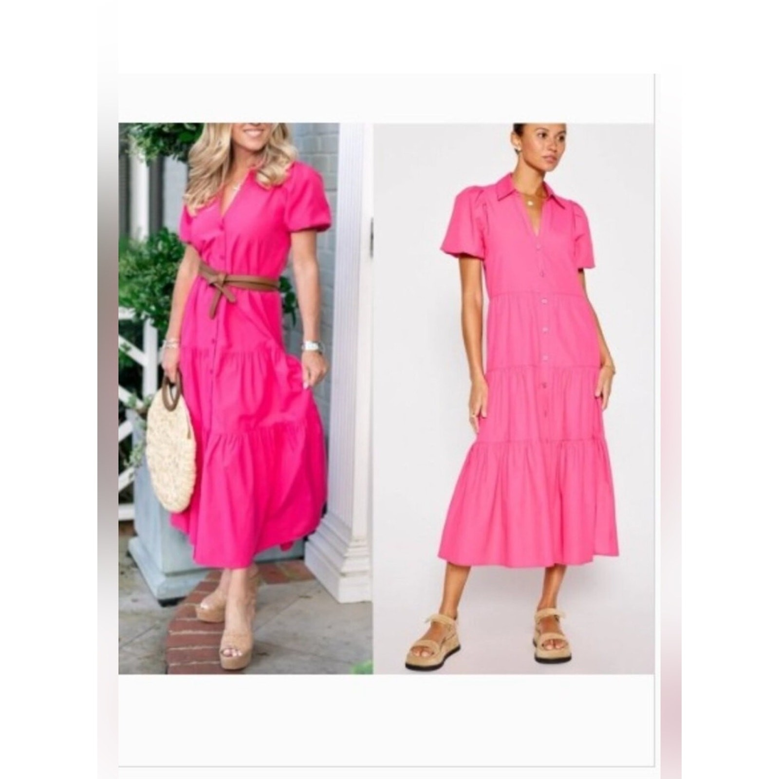 Brochu Walker Havana Tiered Midi Button Dress Hot Pink Sz XS