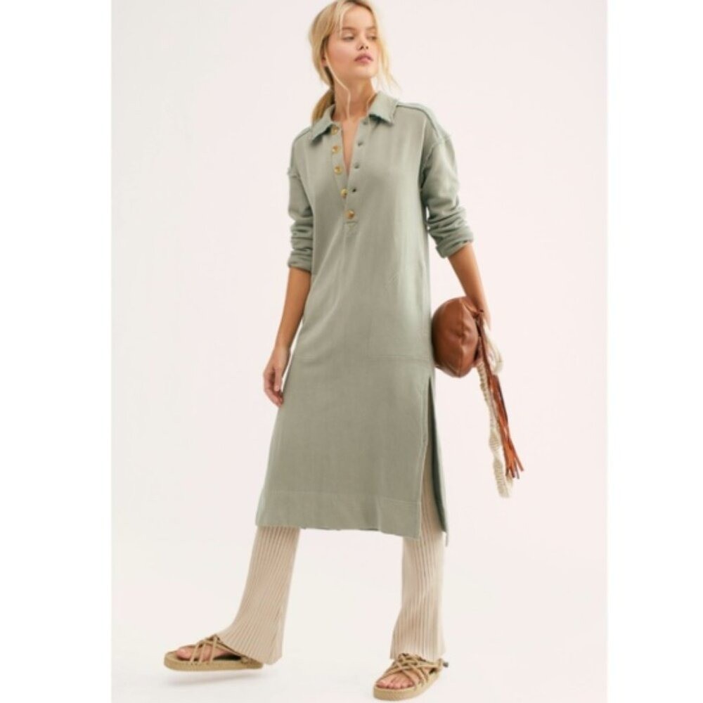 Free People XS On My Way Pullover Sweatshirt Dress Polo Henley Collared *FLAW*