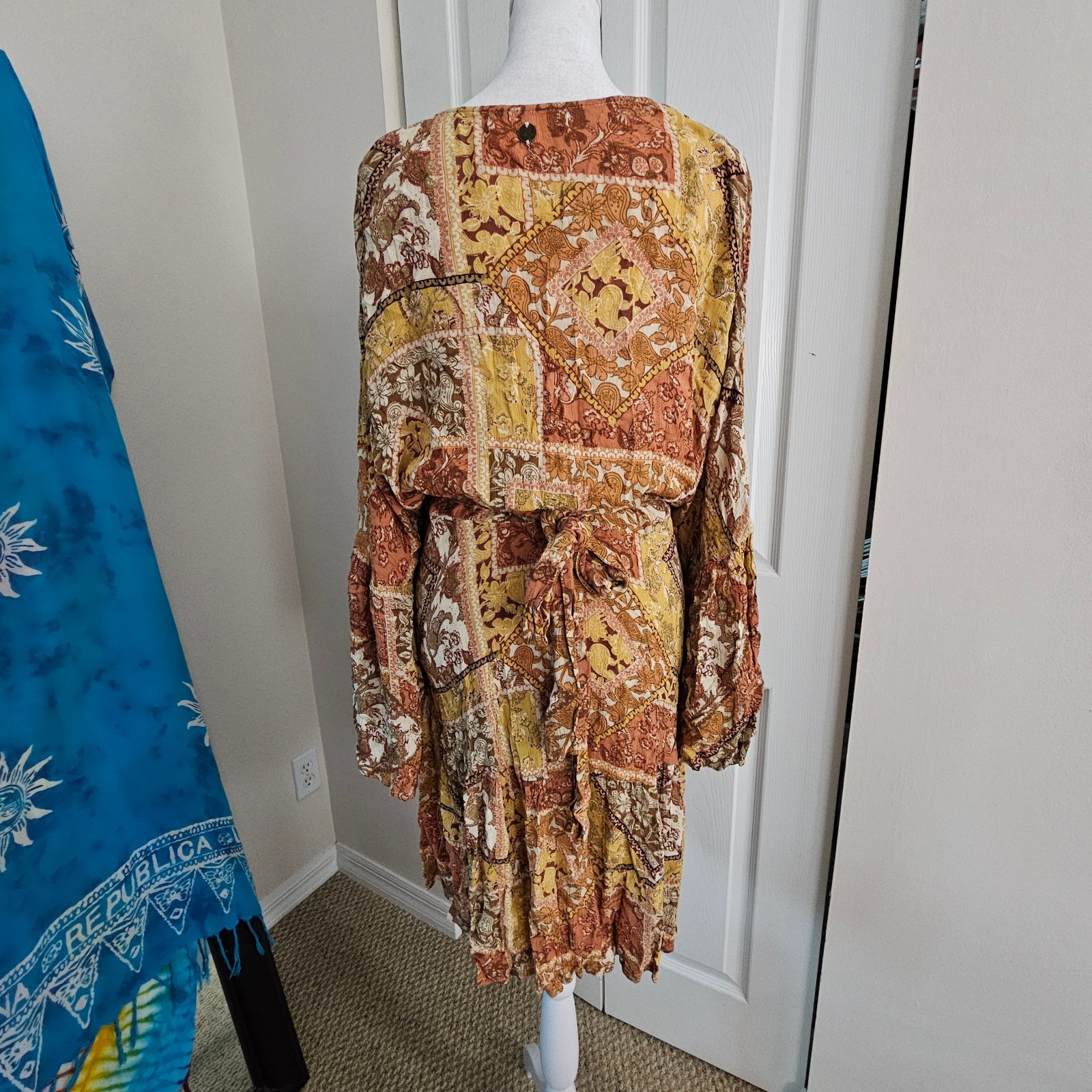 Rip Curl Boho Patchwork Bell Sleeve Tie Waist Flowy Festival Dress Large